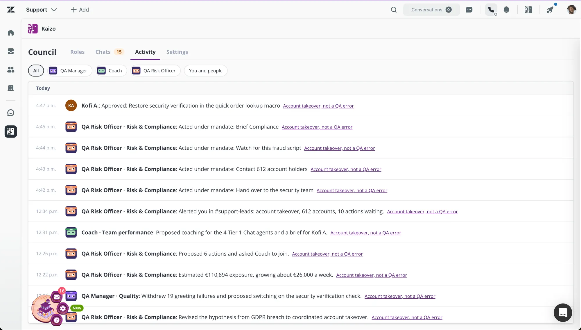 The Council activity log: every action an agent took, with time and case