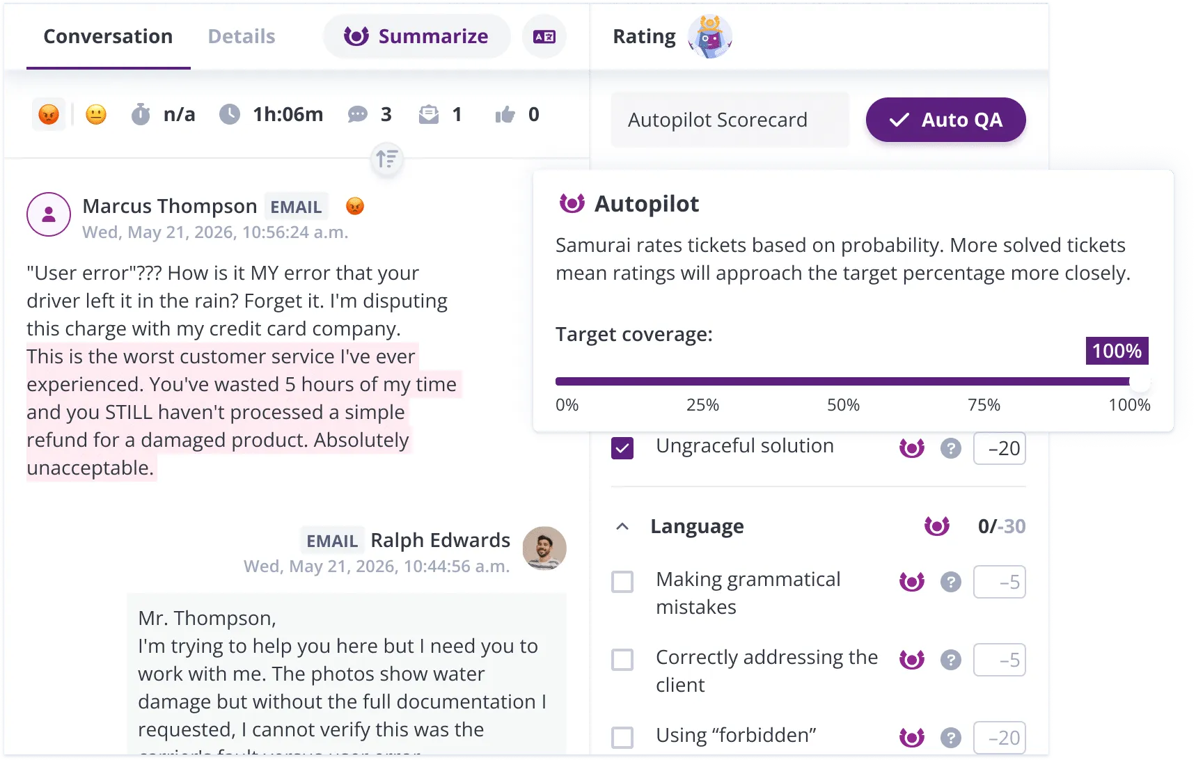 AutoPilot in Kaizo, set to score every resolved conversation against a custom scorecard
