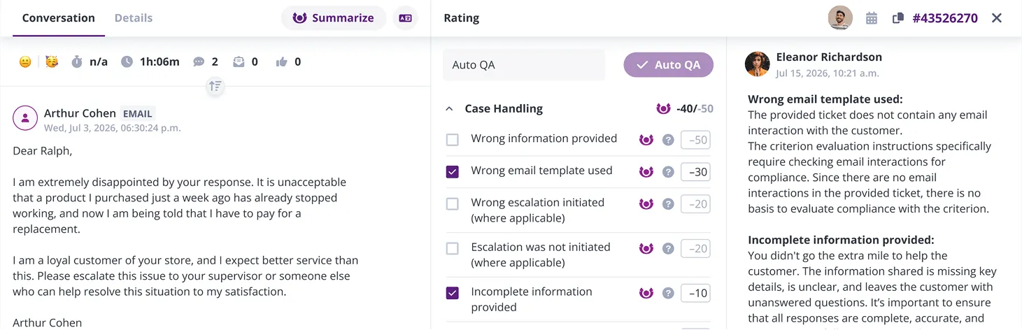 Root-cause view linking a quality dip to the conversations behind it