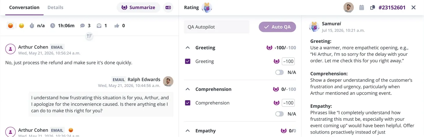 Kaizo scoring a support conversation, compared with MaestroQA