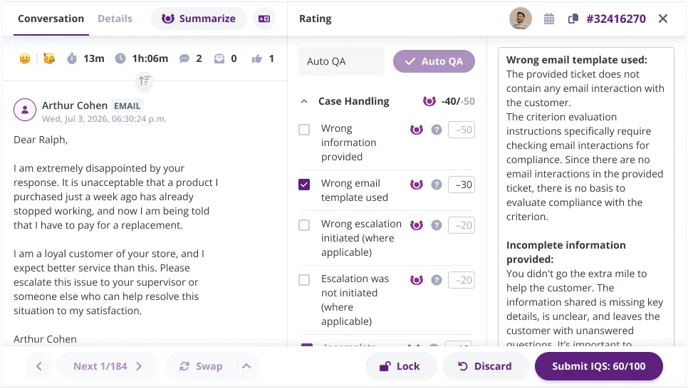 A Kaizo rating with criteria and written comments beside the conversation