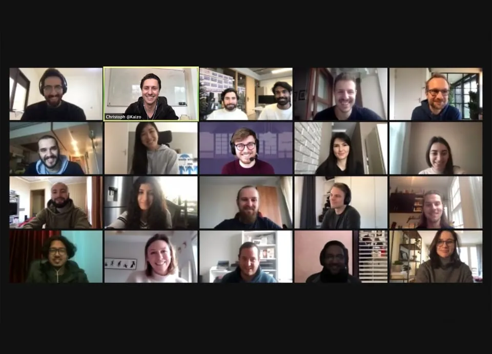 The Kaizo team on a video call, around twenty people working remotely