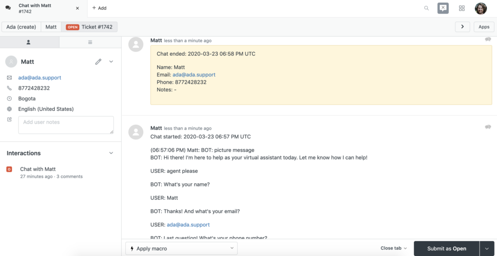 ada zendesk integration