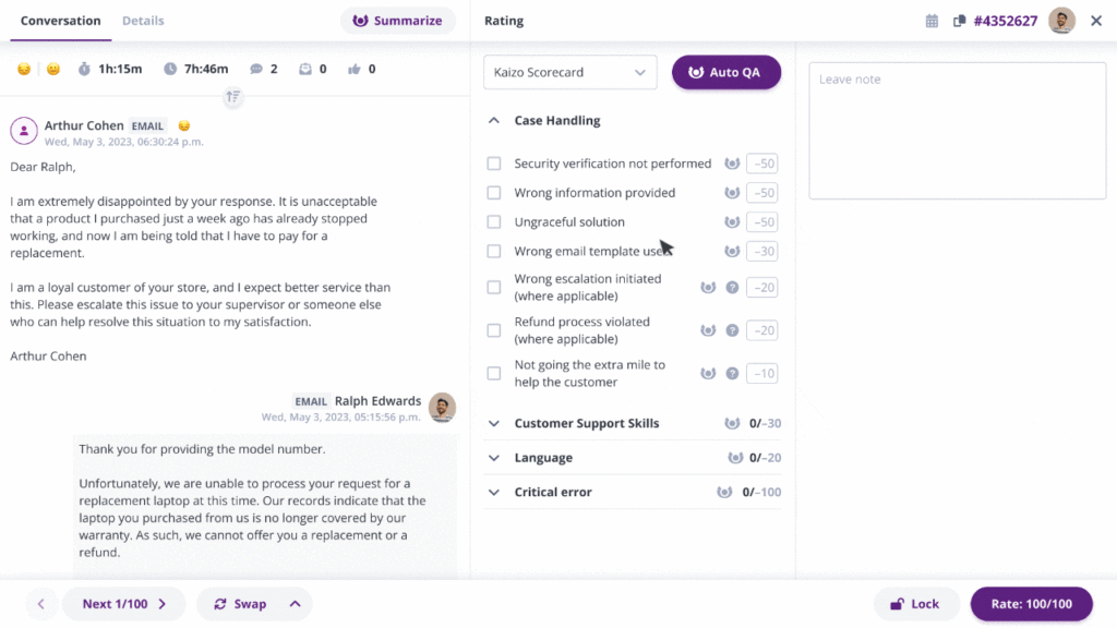 Kaizo AI Auto QA scoring 100% of customer experience conversations